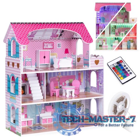 Drewniany domek dla lalek z oświetleniem LED + zestaw mebelków ECOTOYS ECOTOYS