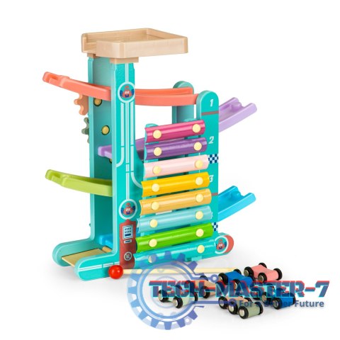Drewniany tor zjeżdżalnia + 6 autek + cymbałki ECOTOYS ECOTOYS