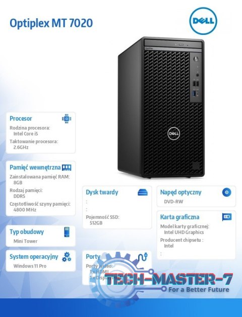 Komputer Optiplex MT/Core i5-14500/8GB/512GB SSD/Integrated/DVD RW/No Wifi/Kb/Mouse/W11Pro Komputer Optiplex MT/Core i5-14500/8GB/512GB SSD/Integrated/DVD RW/No Wifi/Kb/Mouse/W11Pro