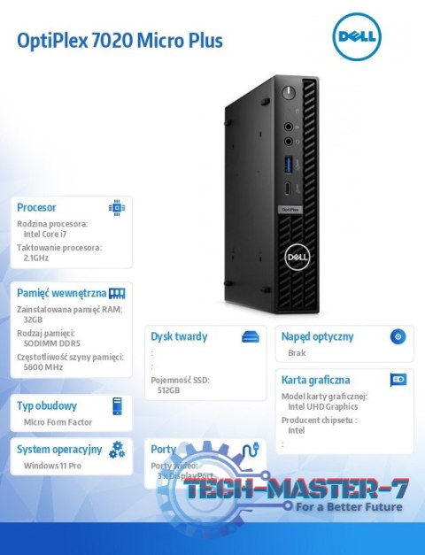 Komputer Optiplex Plus MFF/Core i7-14700/32GB/512GB SSD/Integrated/WLAN + BT/Wireless Kb & Mouse/W11Pro/vPro Komputer Optiplex Plus MFF/Core i7-14700/32GB/512GB SSD/Integrated/WLAN + BT/Wireless Kb & Mouse/W11Pro/vPro