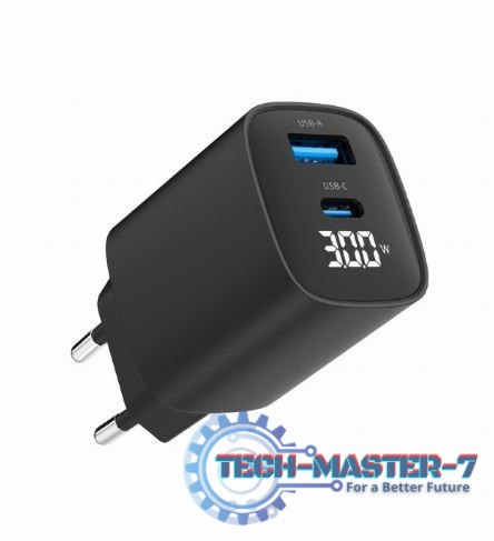 Ładowarka GaN 1xUSB-A 1xUSB-C LCD 30W PD QC3.0 czarna Ładowarka GaN 1xUSB-A 1xUSB-C LCD 30W PD QC3.0 czarna