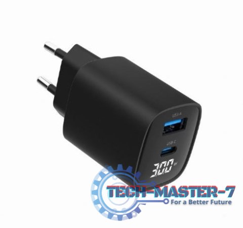 Ładowarka GaN 1xUSB-A 1xUSB-C LCD 30W PD QC3.0 czarna Ładowarka GaN 1xUSB-A 1xUSB-C LCD 30W PD QC3.0 czarna