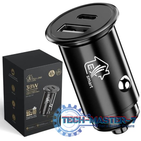Ładowarka do samochodu Smart Life 38W, 1x USB-C, 1x USB-A Czarna