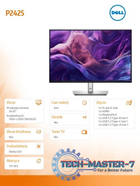 Monitor 24.07 cala P2425 IPS 16:10 WUXGA/HDMI/USBC/DP/VGA/USB/5Y Monitor 24.07 cala P2425 IPS 16:10 WUXGA/HDMI/USBC/DP/VGA/USB/5Y