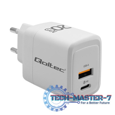 Ładowarka sieciowa 20W GaN | 5-20V | 1.5-3A | 1xUSB-C PD | 1xUSB QC 3.0 | Biała