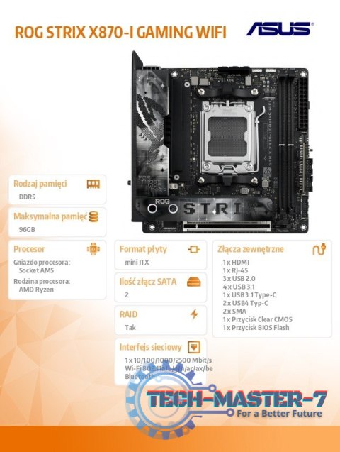 Płyta główna ROG STRIX X870-I GAMING WIFI AM5 2DDR5 HDMI/USBC Płyta główna ROG STRIX X870-I GAMING WIFI AM5 2DDR5 HDMI/USBC