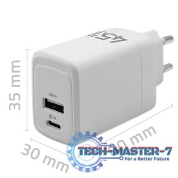 Ładowarka sieciowa 45W GaN | 5-20V | 1.5-3A | 1xUSB-C PD | 1xUSB QC 3.0 | Biała