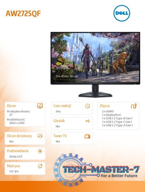 Monitor AW2725QF 27.0 cali NVIDIA G-Sync Compatible IPS Dual-Resolution/4K 180Hz/FHD 360Hz/16:9/DP/HDMI/USBC/USB/3Y Monitor AW2725QF 27.0 cali NVIDIA G-Sync Compatible IPS Dual-Resolution/4K 180Hz/FHD 360Hz/16:9/DP/HDMI/USBC/USB/3Y