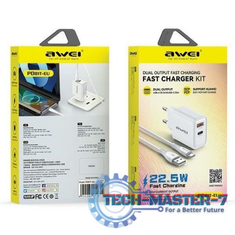 Ładowarka sieciowa GaN PD81T 22,5W USB+USB-C + kabel USB/USB-C Ładowarka sieciowa GaN PD81T 22,5W USB+USB-C + kabel USB/USB-C
