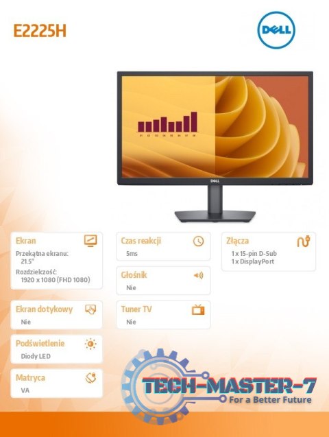 Monitor E2225H 21.5 cala LED VA 1920x1080/DP/VGA/3Y Monitor E2225H 21.5 cala LED VA 1920x1080/DP/VGA/3Y