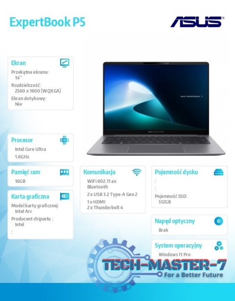 Notebook P5405CSA-NZ0236X ultra 5 226 14 cali/16GB/512GB/ Win 11 PRO/3YRS Notebook P5405CSA-NZ0236X ultra 5 226 14 cali/16GB/512GB/ Win 11 PRO/3YRS