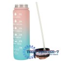 Butelka na wodę bidon ze słomką uchwytem miarką motywacyjną na siłownię BPA free Tritan 1l róż błękit