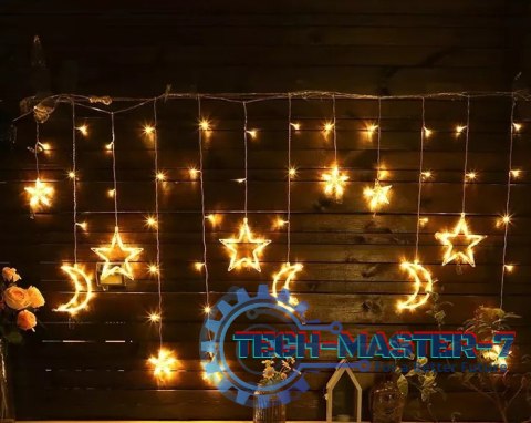 Lampki LED kurtyna księżyc gwiazdki świąteczne choinkowe 2,5m 138LED ciepły biały Lampki LED kurtyna księżyc gwiazdki świąteczne choinkowe 2,5m 138LED ciepły biały