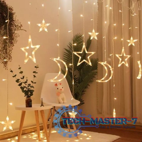 Lampki LED kurtyna księżyc gwiazdki świąteczne choinkowe 2,5m 138LED ciepły biały Lampki LED kurtyna księżyc gwiazdki świąteczne choinkowe 2,5m 138LED ciepły biały