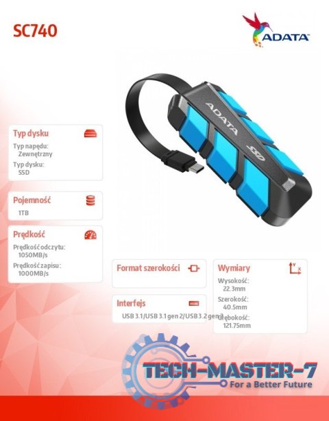 Dysk zewnętrzny SSD SC740 1TB U3.2C 1050/1000 MB/s niebieski Dysk zewnętrzny SSD SC740 1TB U3.2C 1050/1000 MB/s niebieski