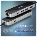 HMC-6GLN Wieloportowy hub USB 6in1, 5Gbps, 2xUSB-A, 1x USB-C, GLAN, HDMI 4K/60Hz, PD 100W, 20cm USB-C kabel