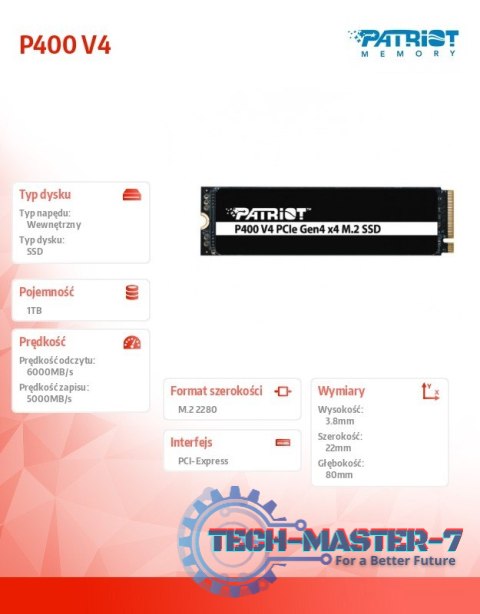 Dysk SSD 1TB P400 V4 6000/5000 MB/s M.2 PCIe Gen4 x4 NVMe 2.0 Dysk SSD 1TB P400 V4 6000/5000 MB/s M.2 PCIe Gen4 x4 NVMe 2.0