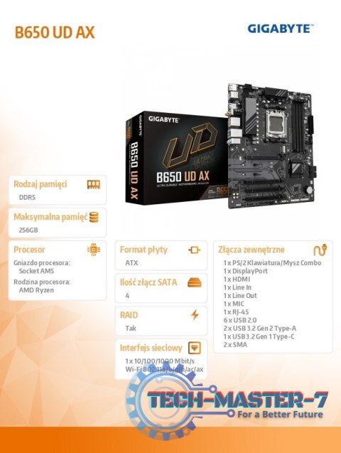 Płyta główna B650 UD AX AM5 4DDR5 HDMI/DP ATX Płyta główna B650 UD AX AM5 4DDR5 HDMI/DP ATX