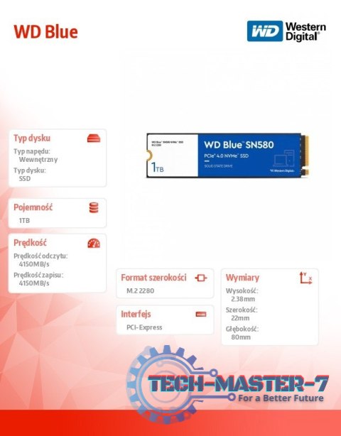 Dysk SSD WD Blue 1TB SN580 NVMe M.2 PCIe Gen4 Dysk SSD WD Blue 1TB SN580 NVMe M.2 PCIe Gen4