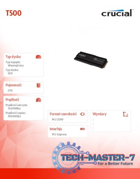Dysk T500 2TB M.2 NVMe 2280 PCIe40 7400/7000 Radiator Dysk T500 2TB M.2 NVMe 2280 PCIe40 7400/7000 Radiator