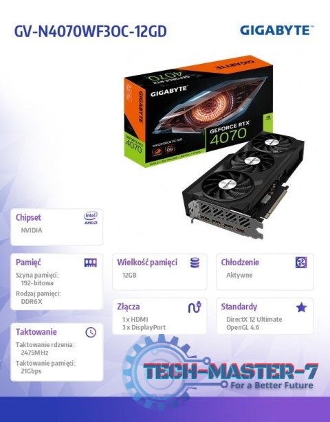 Karta graficzna GeForce RTX 4070 WINDFORCE 12GB GDDR6X 192bit 3DP/HDMI Karta graficzna GeForce RTX 4070 WINDFORCE 12GB GDDR6X 192bit 3DP/HDMI