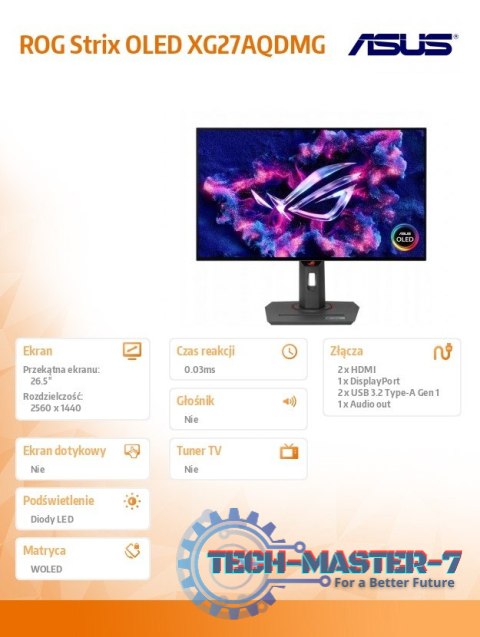 Monitor ROG Strix OLED 26.5 cala XG27AQDMG ROG WOLED 240Hz 0,03ms DP HDMIx2 USBx2 PIVOT Monitor ROG Strix OLED 26.5 cala XG27AQDMG ROG WOLED 240Hz 0,03ms DP HDMIx2 USBx2 PIVOT