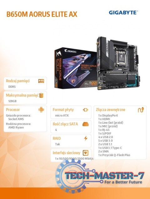 Płyta główna B650M AORUS ELITE AX AM5 4DDR5 HDMI/DP mATX Płyta główna B650M AORUS ELITE AX AM5 4DDR5 HDMI/DP mATX