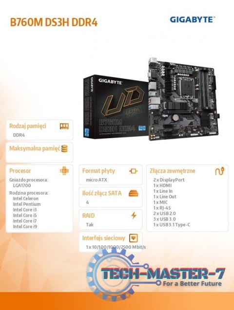 Płyta główna B760M DS3H DDR4 s1700 DDR4 2DP/HDMI mATX Płyta główna B760M DS3H DDR4 s1700 DDR4 2DP/HDMI mATX