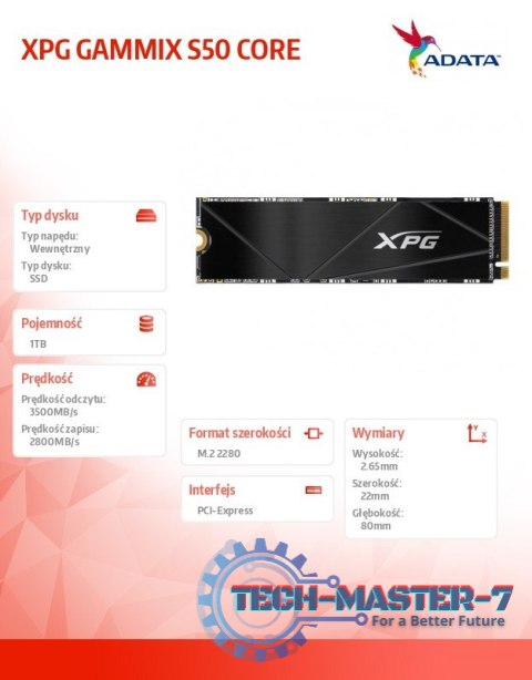 Dysk SSD XPG GAMMIX S50 CORE 1TB PCIe 4x4 3.5/2.2 M2 Dysk SSD XPG GAMMIX S50 CORE 1TB PCIe 4x4 3.5/2.2 M2