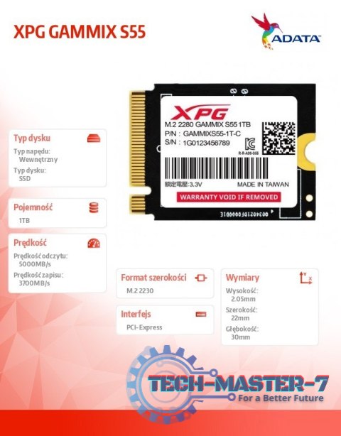 Dysk SSD XPG GAMMIX S55 1TB PCIe 4x4 5/3.7MB/s M2230 Dysk SSD XPG GAMMIX S55 1TB PCIe 4x4 5/3.7MB/s M2230