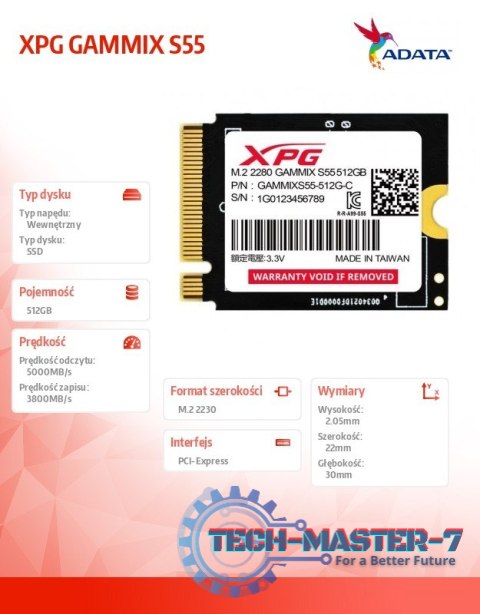 Dysk SSD XPG GAMMIX S55 512GB PCIe 4x4 5/3.8MB/s M2230 Dysk SSD XPG GAMMIX S55 512GB PCIe 4x4 5/3.8MB/s M2230