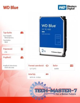 Dysk twardy WD Blue 2TB 3,5 64MB SATAIII 5400 RPM
