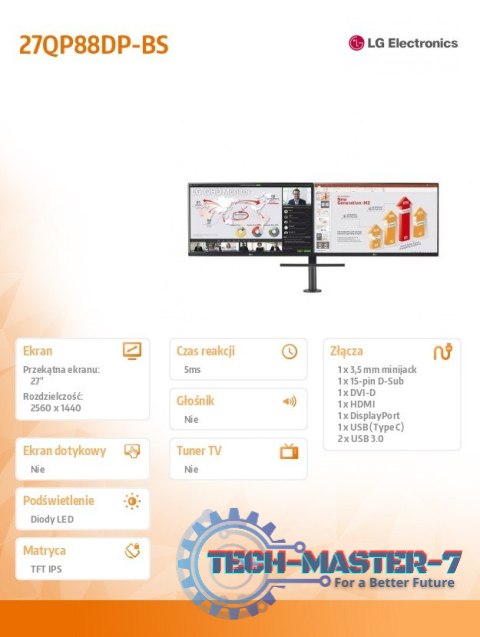 Monitor 27QP88DP-BS 27 cali QHD Ergo Dual Monitor 27QP88DP-BS 27 cali QHD Ergo Dual