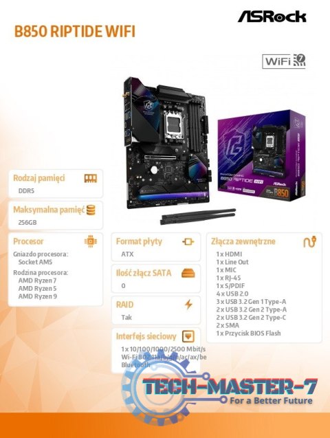 Płyta główna B850 Phantom Gaming Riptide WiFi AM5 4DDR5 ATX Płyta główna B850 Phantom Gaming Riptide WiFi AM5 4DDR5 ATX