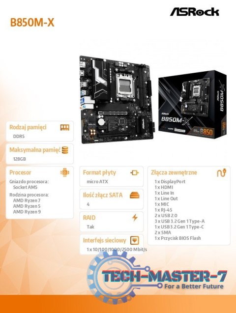 Płyta główna B850M-X AM5 2DDR5 M.2 USBC mATX Płyta główna B850M-X AM5 2DDR5 M.2 USBC mATX