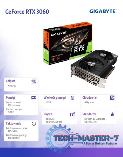 Karta graficzna GeForce RTX 3060 Windforce OC 2.0 12GB GDDR6 192bit Karta graficzna GeForce RTX 3060 Windforce OC 2.0 12GB GDDR6 192bit