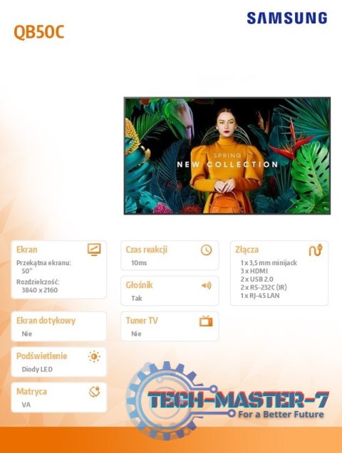 Monitor profesjonalny QB50C 50 cali Błyszczący 16h/7 350(cd/m2) 3840x2160 (UHD) S10 Player (Tizen 7, VXT Ready) WiFi/BT 3 lata O Monitor profesjonalny QB50C 50 cali Błyszczący 16h/7 350(cd/m2) 3840x2160 (UHD) S10 Player (Tizen 7, VXT Ready) WiFi/BT 3 lata O