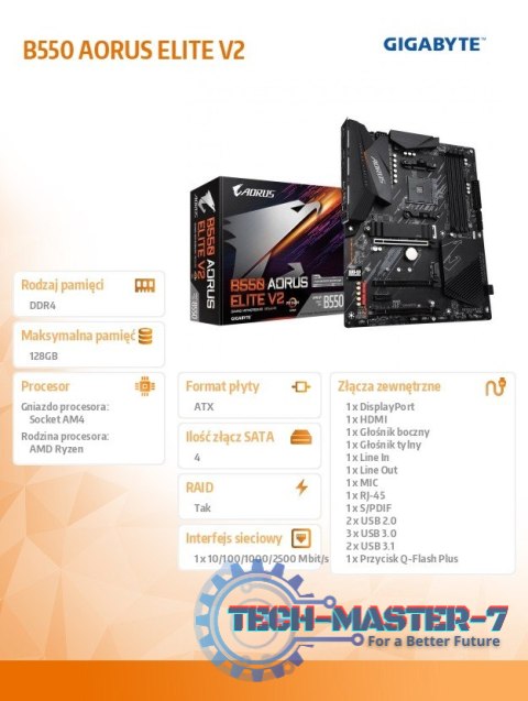 Płyta główna B550 AORUS ELITE V2 AM4 4DDR4 HDMI/DP M.2 ATX Płyta główna B550 AORUS ELITE V2 AM4 4DDR4 HDMI/DP M.2 ATX