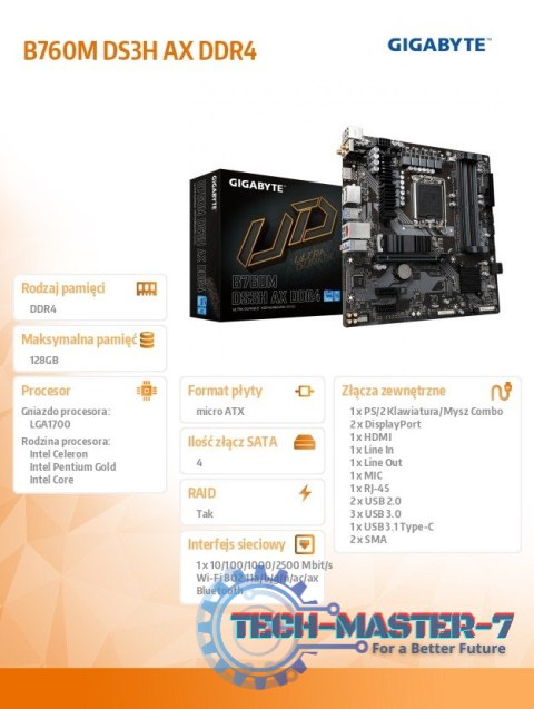 Płyta główna B760M DS3H AX DDR4 s1700 4DDR4 HDMI mATX Płyta główna B760M DS3H AX DDR4 s1700 4DDR4 HDMI mATX