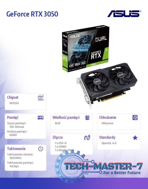 Karta graficzna GeForce RTX 3050 DUAL OC V2 8GB GDDR6 128Bit DVI-D/HDMI/DP Karta graficzna GeForce RTX 3050 DUAL OC V2 8GB GDDR6 128Bit DVI-D/HDMI/DP