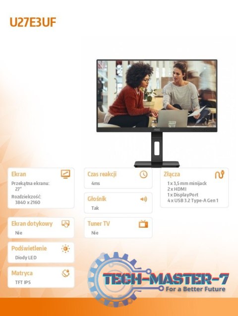 Monitor 27 cali U27E3UF 4K IPS HDMIx2 DP Pivot Głośniki Monitor 27 cali U27E3UF 4K IPS HDMIx2 DP Pivot Głośniki