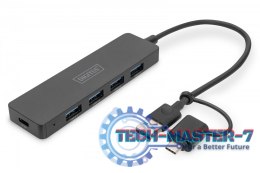 Hub USB 3.0/Koncentrator 4-portowy SlimLine USB A + adapter USB-C 5Gbps, złącze zasilania USB-C