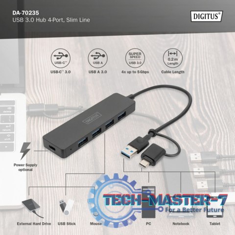 Hub USB 3.0/Koncentrator 4-portowy SlimLine USB A + adapter USB-C 5Gbps, złącze zasilania USB-C Hub USB 3.0/Koncentrator 4-portowy SlimLine USB A + adapter USB-C 5Gbps, złącze zasilania USB-C