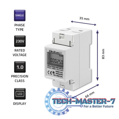 Jednofazowy elektroniczny licznik | miernik zużycia energii na szynę DIN | 230V | LCD | 2P Jednofazowy elektroniczny licznik | miernik zużycia energii na szynę DIN | 230V | LCD | 2P