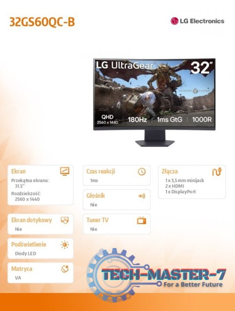 Monitor 32GS60QC-B 31.5 cala QHD 1000R Curved 180Hz Monitor 32GS60QC-B 31.5 cala QHD 1000R Curved 180Hz