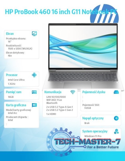 Notebook ProBook 460 G11 U5-125U 512GB/16GB/W11P/16 cali A38DMET Notebook ProBook 460 G11 U5-125U 512GB/16GB/W11P/16 cali A38DMET