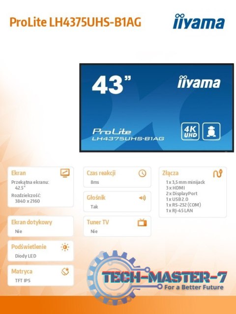 Monitor 42.5 cala ProLite LH4375UHS-B1AG, 24/7,IPS,ANDROID.11,4K,500cd/m2,WiFi,3xHDMI,DP,Daisy/Chain,2xUSB,2x10W,RJ45,iiSignage2 Monitor 42.5 cala ProLite LH4375UHS-B1AG, 24/7,IPS,ANDROID.11,4K,500cd/m2,WiFi,3xHDMI,DP,Daisy/Chain,2xUSB,2x10W,RJ45,iiSignage2