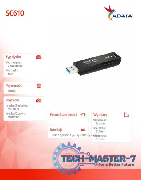Dysk SSD zewnętrzny SC610 500GB USB3.2A Gen2 czarny Dysk SSD zewnętrzny SC610 500GB USB3.2A Gen2 czarny