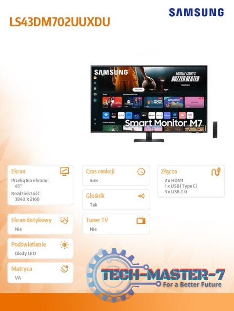 Monitor 43 cale SMART M70D VA 3840x2160 UHD 16:9 2xHDMI 3xUSB 2.0 1xUSB-C (65W) 4ms 60Hz WiFi/BT głośniki płaski 2Yd2d Monitor 43 cale SMART M70D VA 3840x2160 UHD 16:9 2xHDMI 3xUSB 2.0 1xUSB-C (65W) 4ms 60Hz WiFi/BT głośniki płaski 2Yd2d