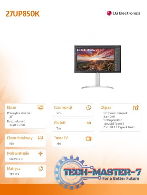 Monitor 27 cali 27UP850K-W UHD IPS USB-C Vesa DisplayHDR Monitor 27 cali 27UP850K-W UHD IPS USB-C Vesa DisplayHDR